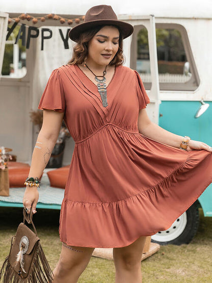 Double Take Plus Size Ruffle Hem V-Neck Short Sleeve Dress [Spirit and Rebel] Caramel 0XL 