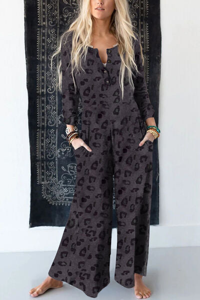 Leopard Buttoned Wide Leg Jumpsuit [Spirit and Rebel] Charcoal S 