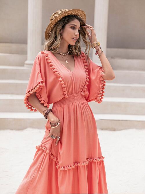 Boho Chic  Tassel Trim Smocked V-Neck Short Sleeve Dress [Spirit and Rebel] Coral S 