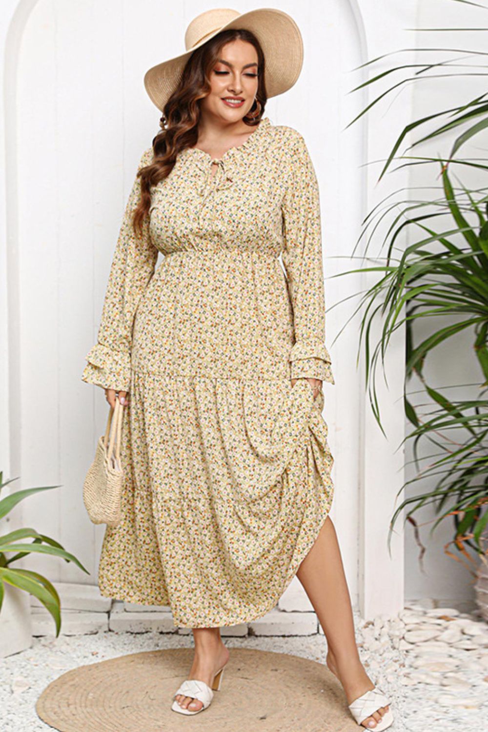 Plus Size Tied Frill Trim Flounce Sleeve Boho Maxi Dress [Spirit and Rebel]   