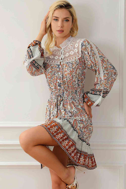 Printed Lace Detail Balloon Sleeve Dress [Spirit and Rebel]   