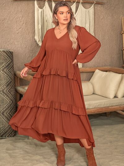 Boho Plus Size Ruffled V-Neck Balloon Sleeve Dress [Spirit and Rebel]   