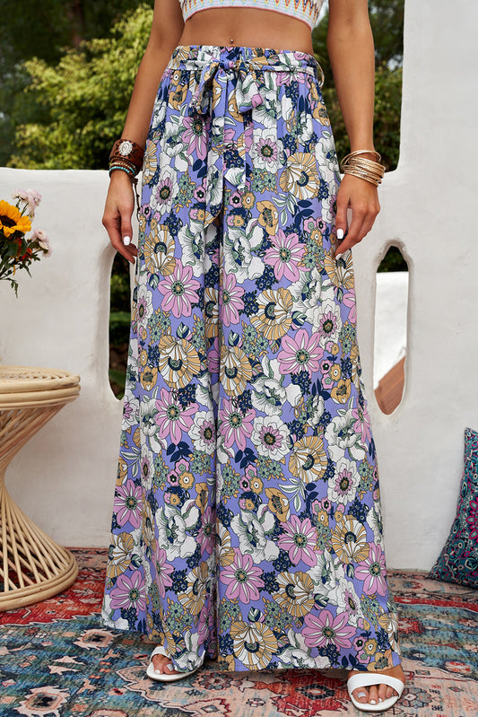 Floral Tie Belt Wide Leg Pants Boho Chic [Spirit and Rebel] Purple S 