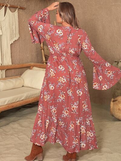 Boho Plus Size Printed Half Button Flare Sleeve Dress [Spirit and Rebel]   