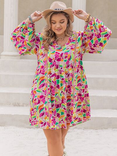 Boho Plus Size Printed V-Neck Balloon Sleeve Mini Dress [Spirit and Rebel] Multicolor 0XL 