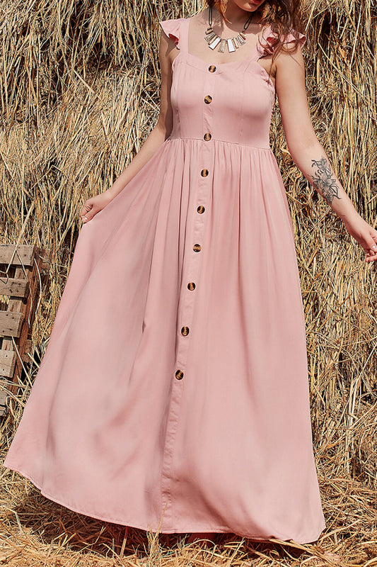 Button Ruffle Trim Smocked Boho Maxi Dress [Spirit and Rebel] Dusty Pink M 