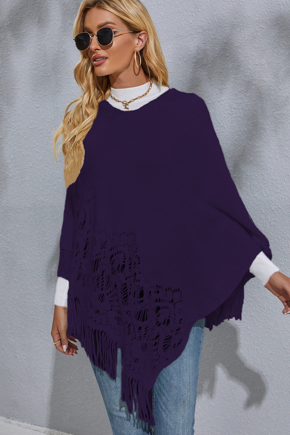 Round Neck Fringe Detail Poncho [Spirit and Rebel]   