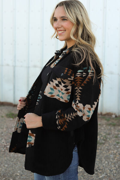 Boho Geometric Button Up Slit Jacket with Pockets [Spirit and Rebel]   