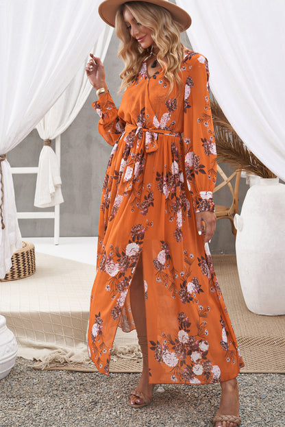 Boho Floral Tie Waist Slit Maxi Dress [Spirit and Rebel]   