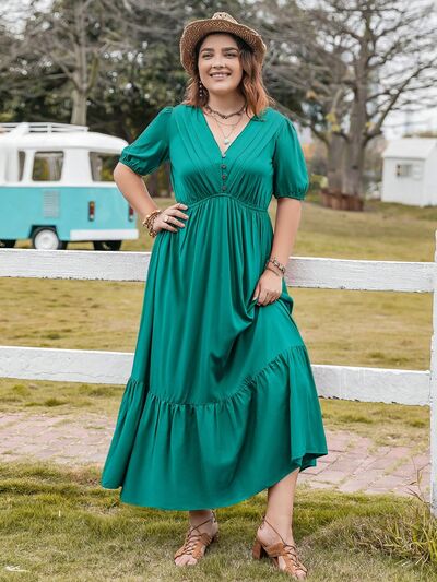 Boho Chic  Plus Size V-Neck Short Sleeve Ruffle Hem Dress [Spirit and Rebel] Teal 0XL 