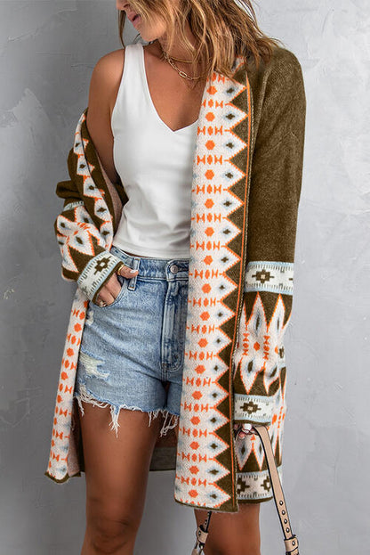 Boho Chic  Geometric Open Front Long Sleeve Cardigan [Spirit and Rebel]   