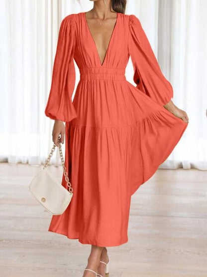 Deep V-Neck Balloon Sleeve Plain Maxi Dress [Spirit and Rebel]   