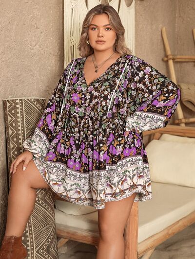 Plus Size Printed Tie Neck Mini Dress [Spirit and Rebel]   