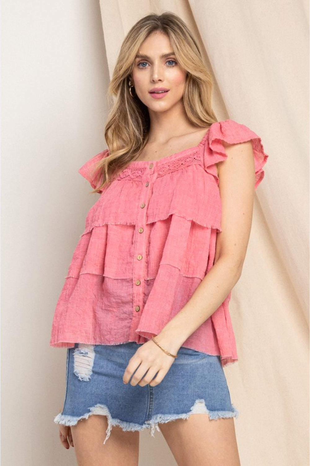 ODDI Plus Size Buttoned Ruffled Boho Top [Spirit and Rebel] Strawberry S 