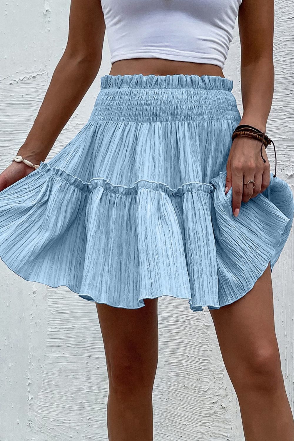 Smocked Waist Frill Trim Boho Skirt [Spirit and Rebel] Misty  Blue S 