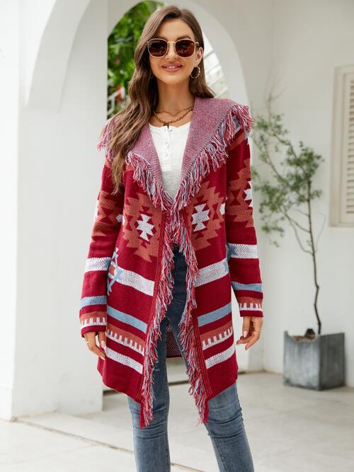 Boho Chic  Fringe Geometric Hooded Long Sleeve Cardigan [Spirit and Rebel] Brick Red S 