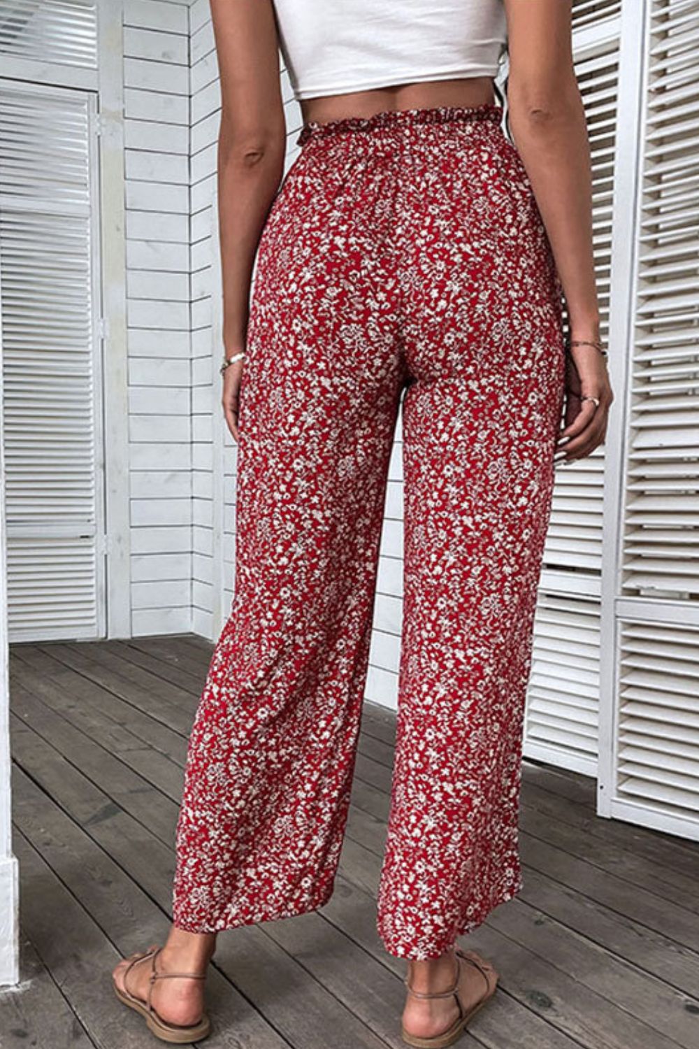 Ditsy Floral Slit Paperbag Waist Wide Leg Boho Hippie Pants [Spirit and Rebel]   