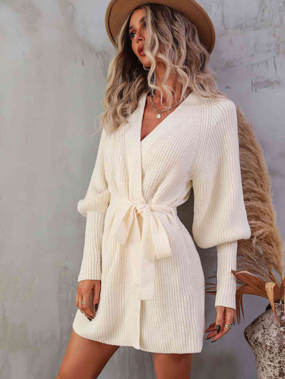 Belted Surplice Lantern Sleeve Wrap Sweater Dress [Spirit and Rebel]   