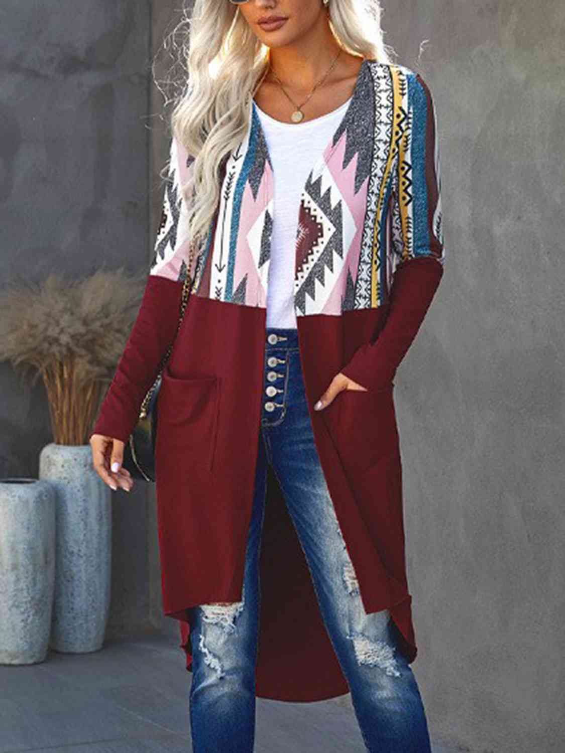 Printed Open Front Cardigan with Pockets [Spirit and Rebel] Wine S 