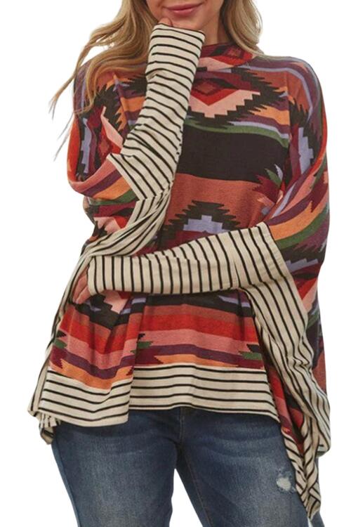 Geometric Striped Splicing Round Neck Blouse [Spirit and Rebel] Multicolor S 