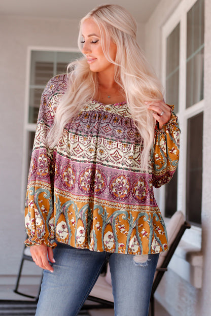 Boho Bohemian Long Flounce Sleeve V-Neck Blouse [Spirit and Rebel] Multi S 