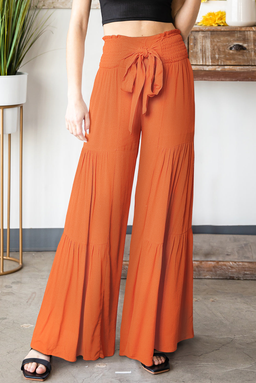 Bohemian Tied Smocked Waist Tiered Culottes [Spirit and Rebel] Tangerine S 