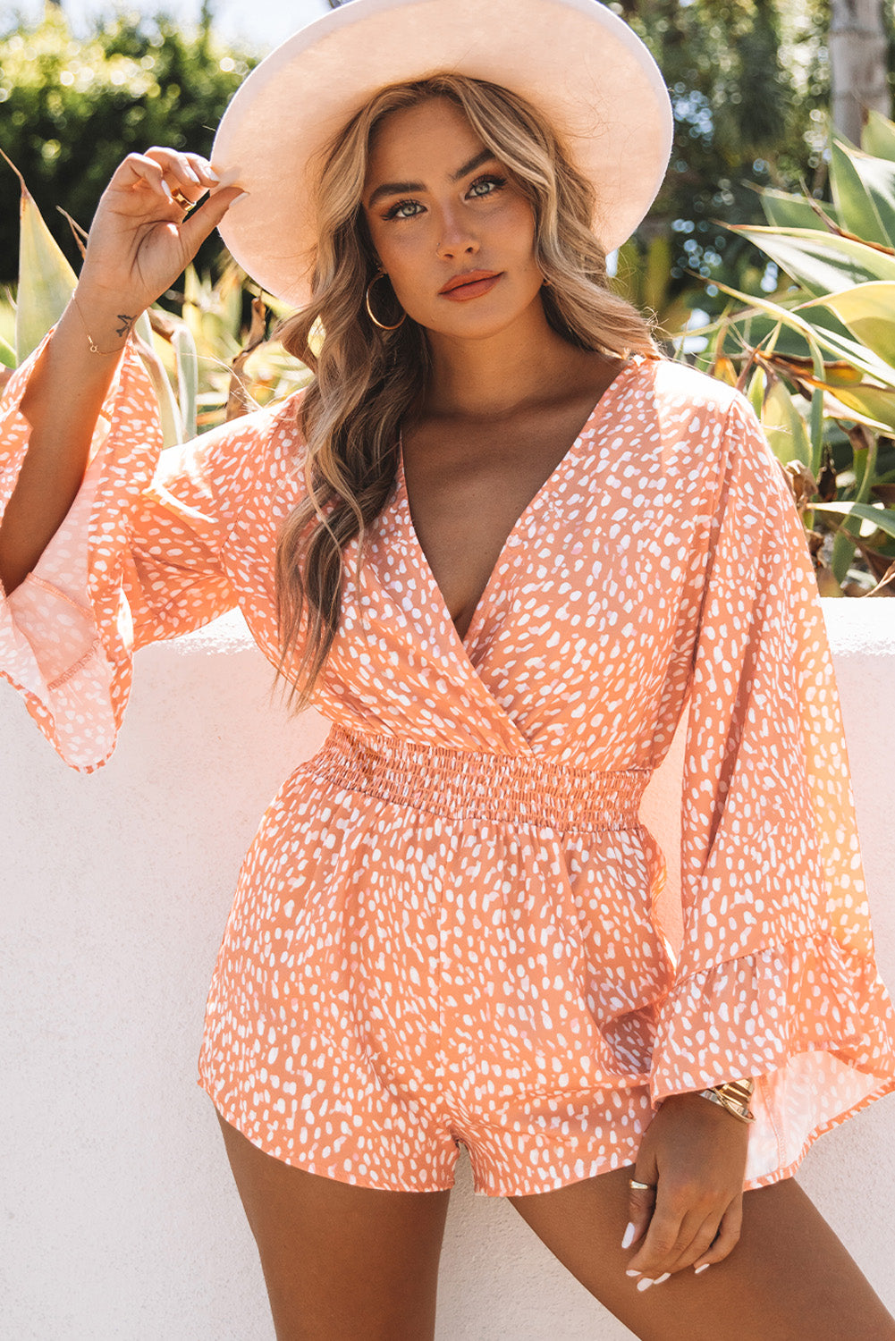 Spirit and Rebel Boho Printed Flare Sleeve Surplice Playsuit Romper [Spirit and Rebel] Orange XL 