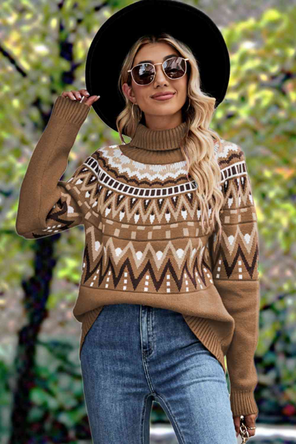 Geometric Turtleneck Long Sleeve Sweater [Spirit and Rebel] Camel S 