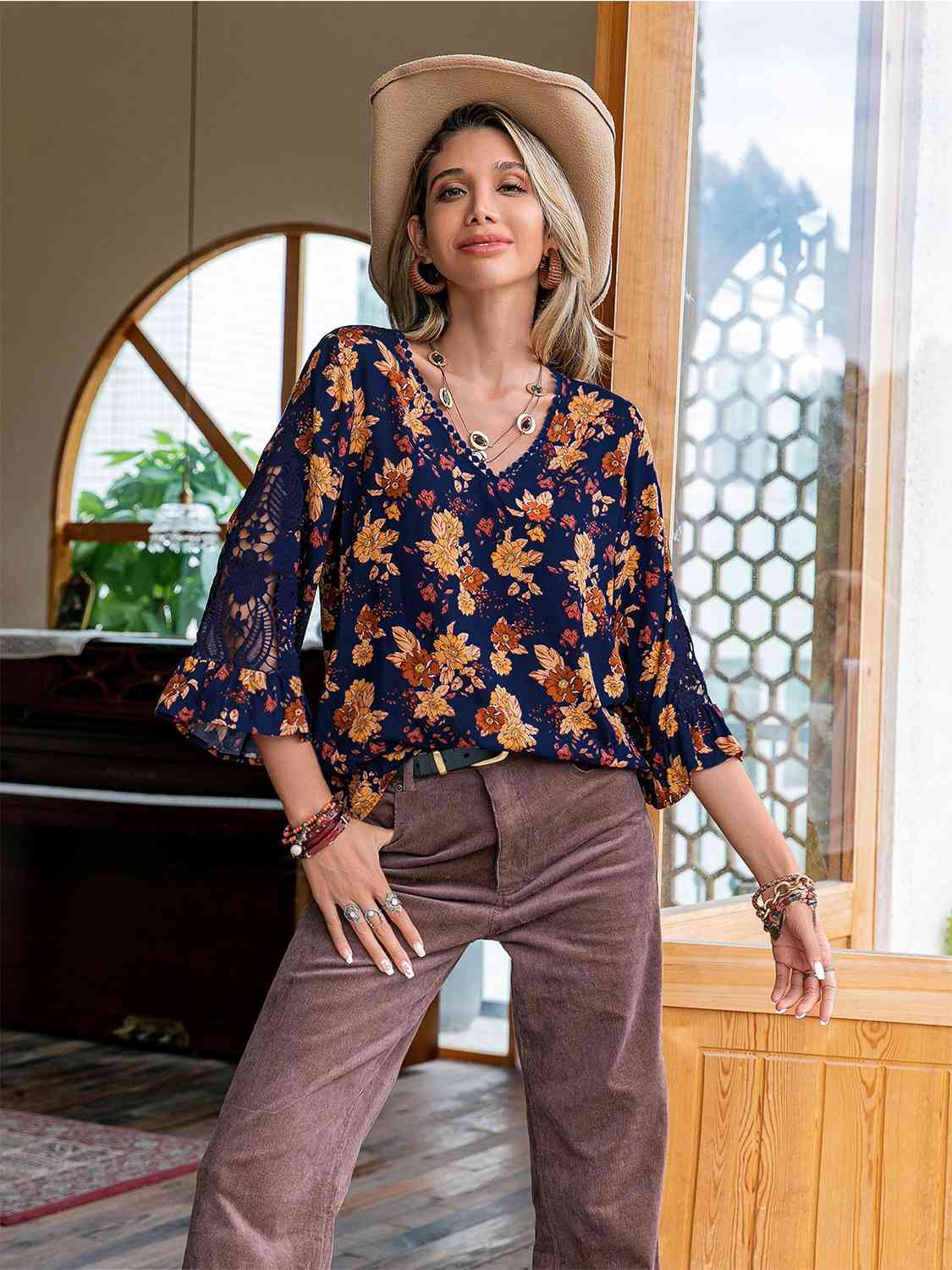 Floral V-Neck Crochet Blouse [Spirit and Rebel] Multicolor S 