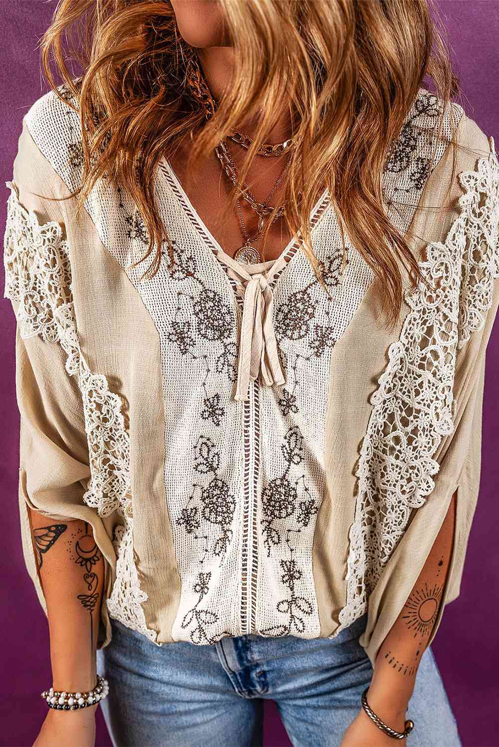 V-Neck Lace Detail Slit Blouse [Spirit and Rebel]   