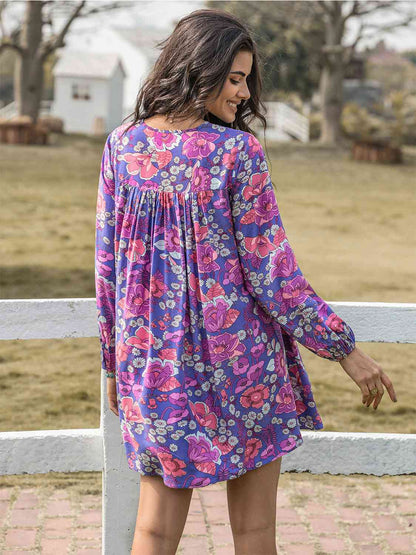 Floral Ruched V-Neck Long Sleeve Dress [Spirit and Rebel]   