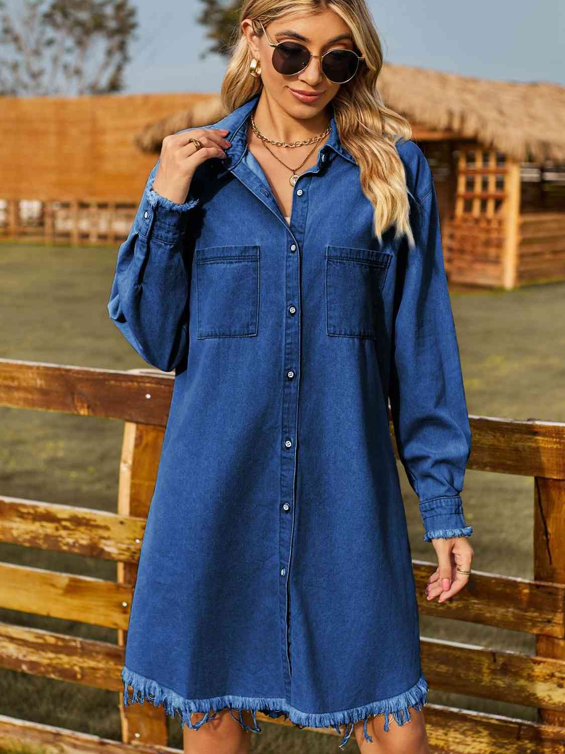 Button Up Collared Neck Raw Hem Denim Dress [Spirit and Rebel]   