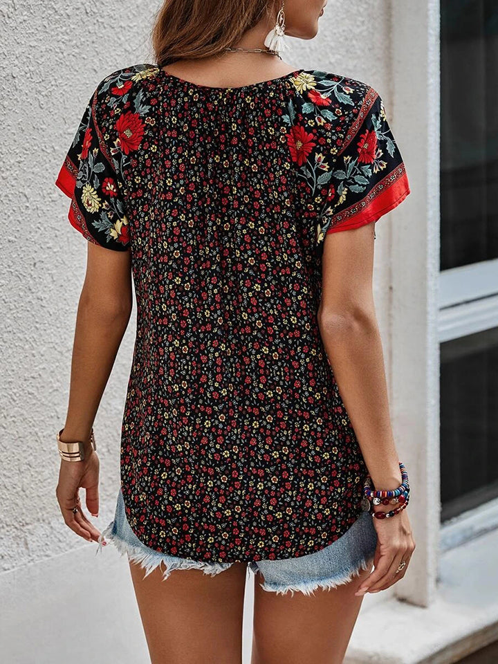 Printed Short Sleeve Tie Neck Blouse [Spirit and Rebel]   