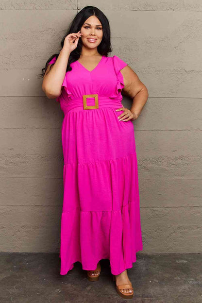 GeeGee Fancy Fizz Plus Size Tiered Side Slit Maxi Dress [Spirit and Rebel] Hot Pink 1XL 