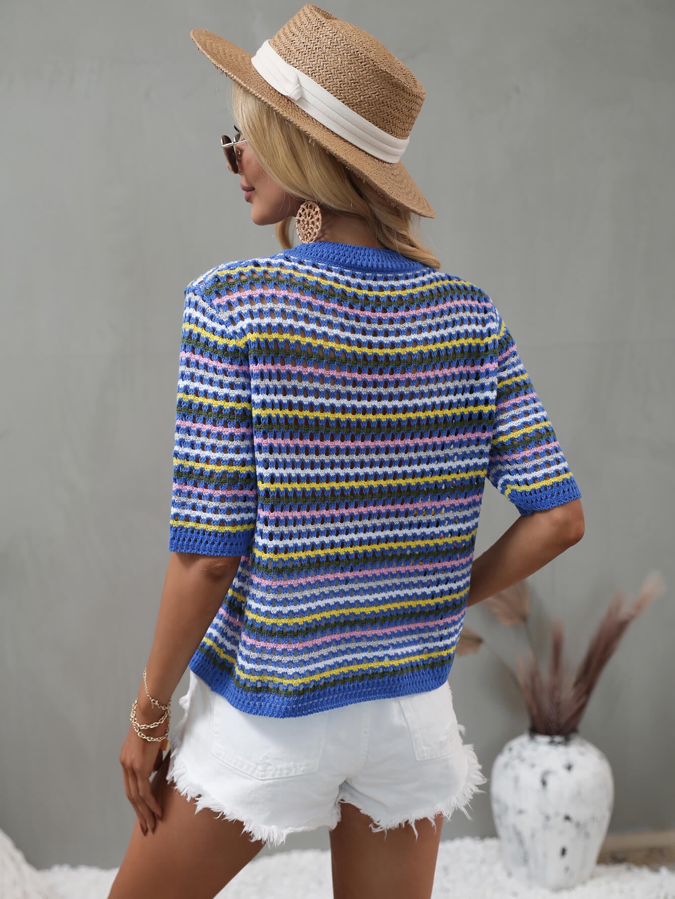 Bohemian Striped Openwork Half Sleeve Knit Top [Spirit and Rebel]   