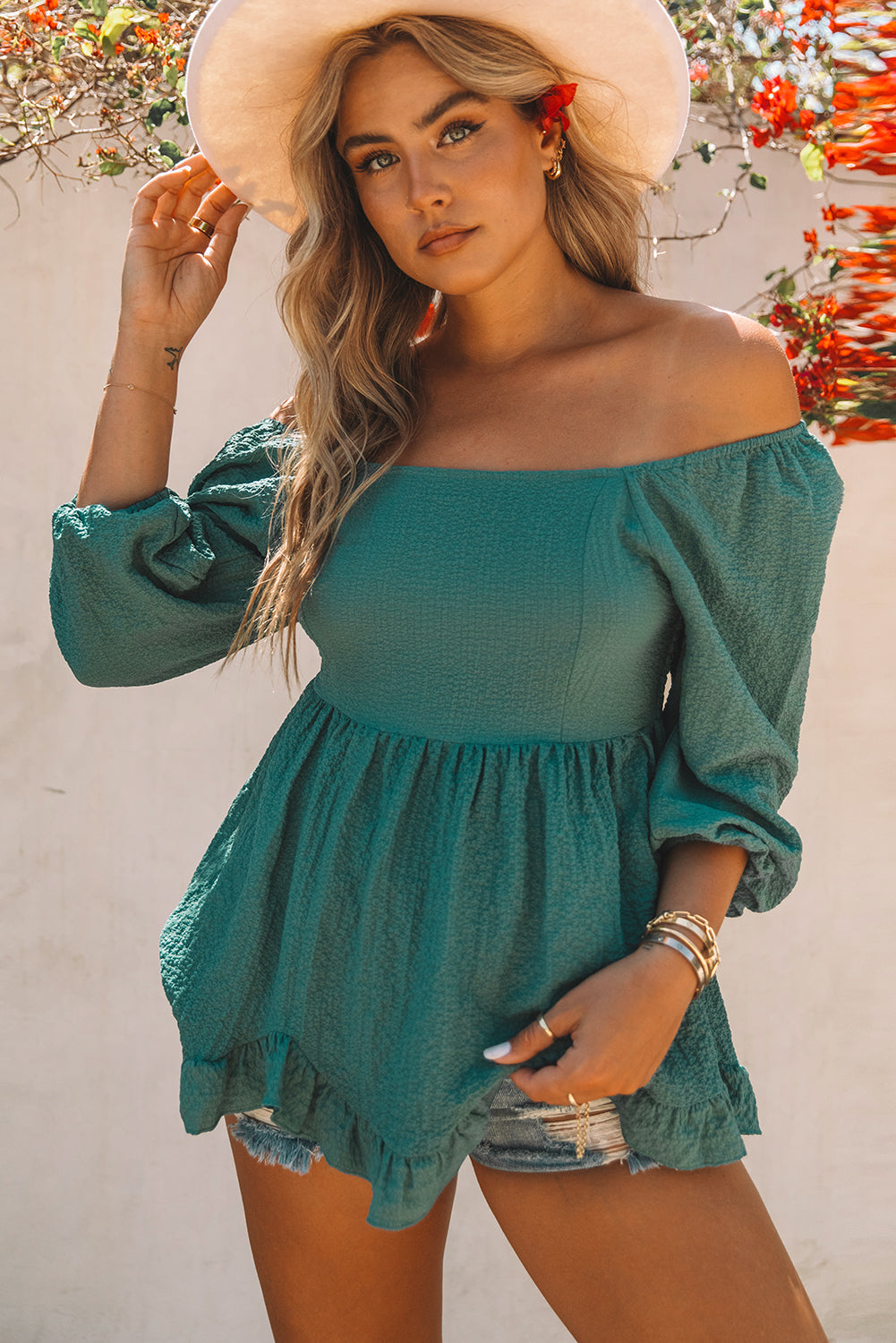 Smocked Three-Quarter Sleeve Peplum Boho Blouse [Spirit and Rebel]   