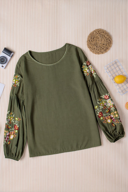 Embroidered Round Neck Balloon Sleeve T-Shirt [Spirit and Rebel]   