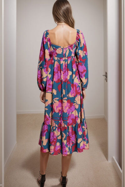 Square Neck Balloon Sleeve Boho Midi Dress [Spirit and Rebel]   