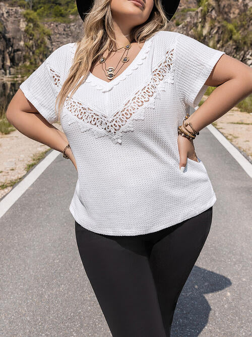 Boho Chic  Plus Size Lace Detail V-Neck Short Sleeve Blouse [Spirit and Rebel]   