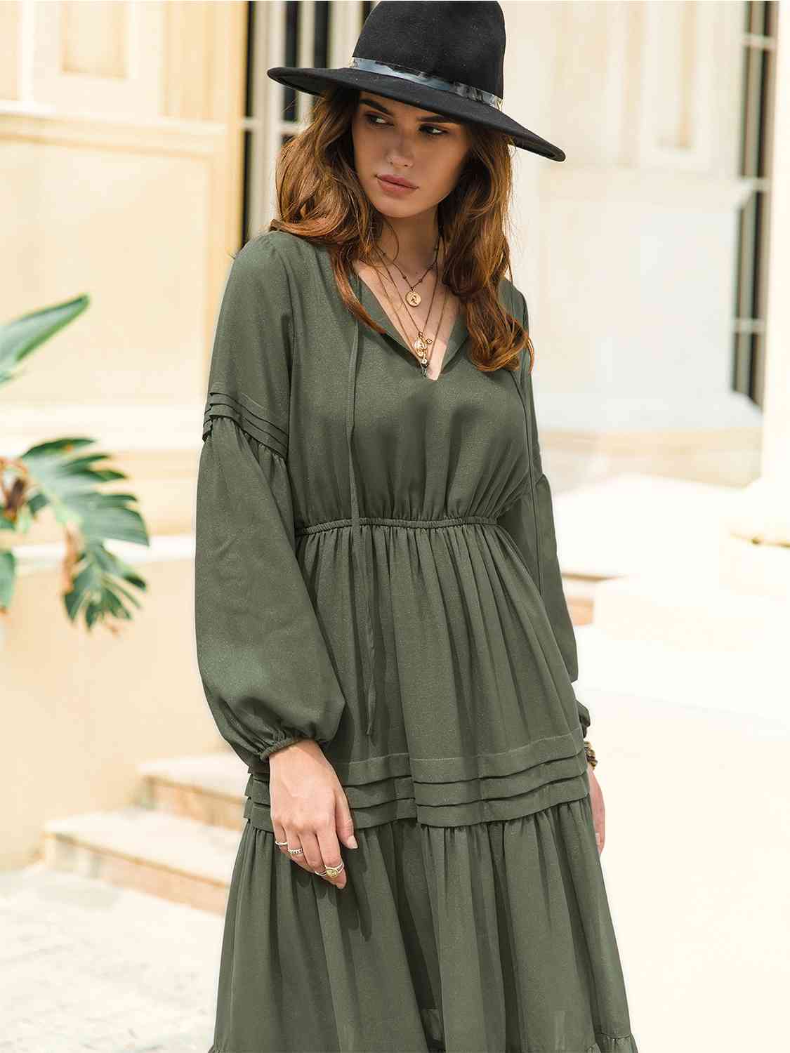 Tie Neck Long Sleeve Midi Tiered Dress [Spirit and Rebel]   