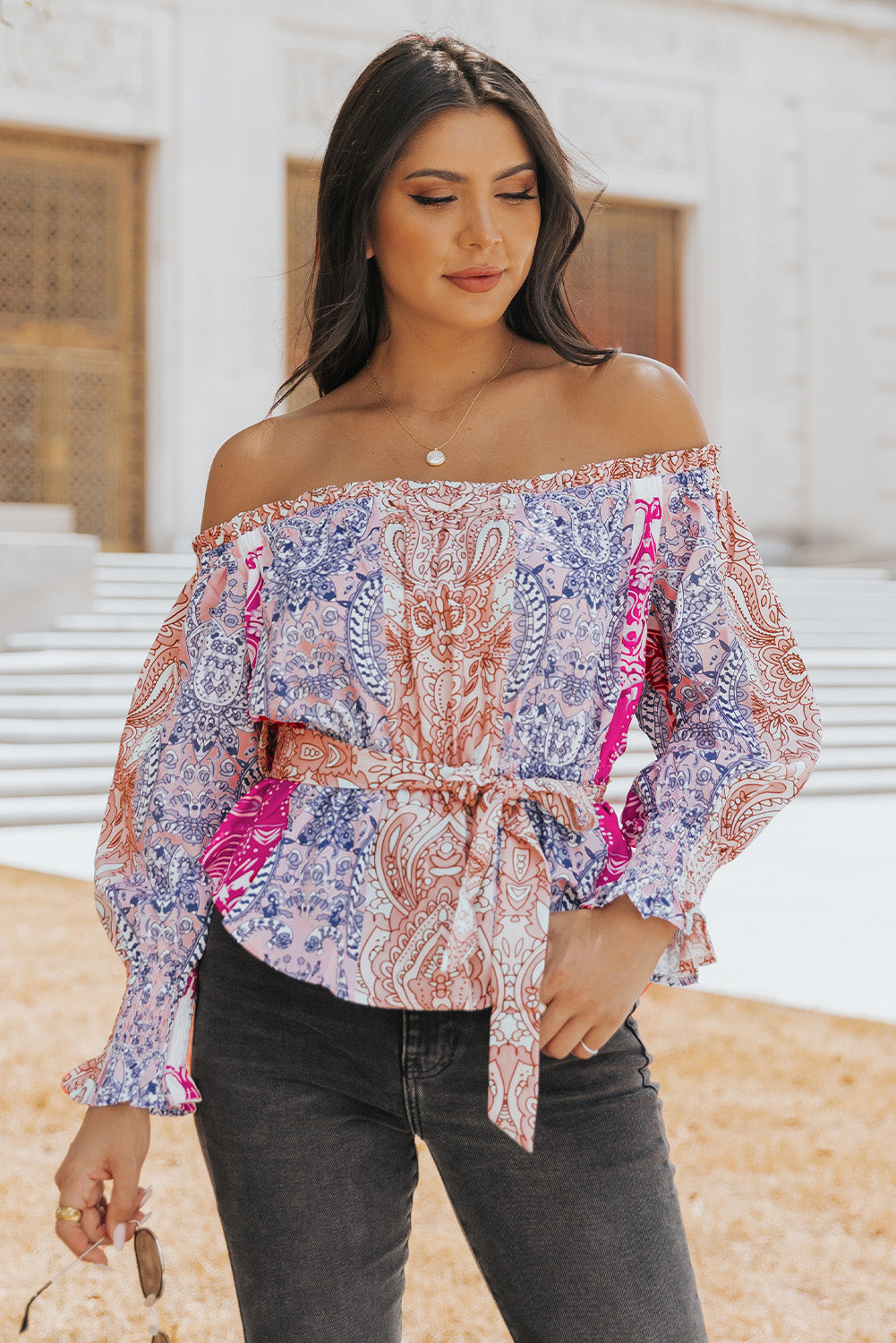 Bohostyle Printed Off-Shoulder Flounce Sleeve Belted Blouse [Spirit and Rebel] Floral S 