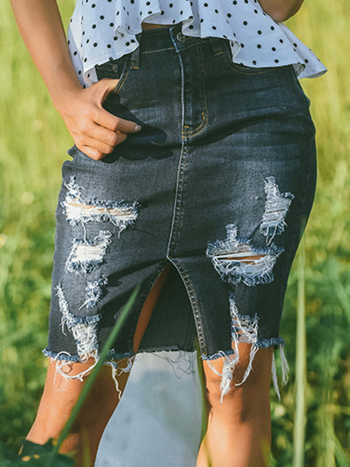 Full Size Distressed Slit Denim Skirt [Spirit and Rebel] Navy S 