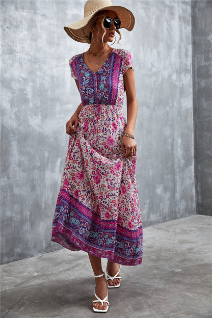 V-Neck Short Sleeve Printed Maxi Dress [Spirit and Rebel]   