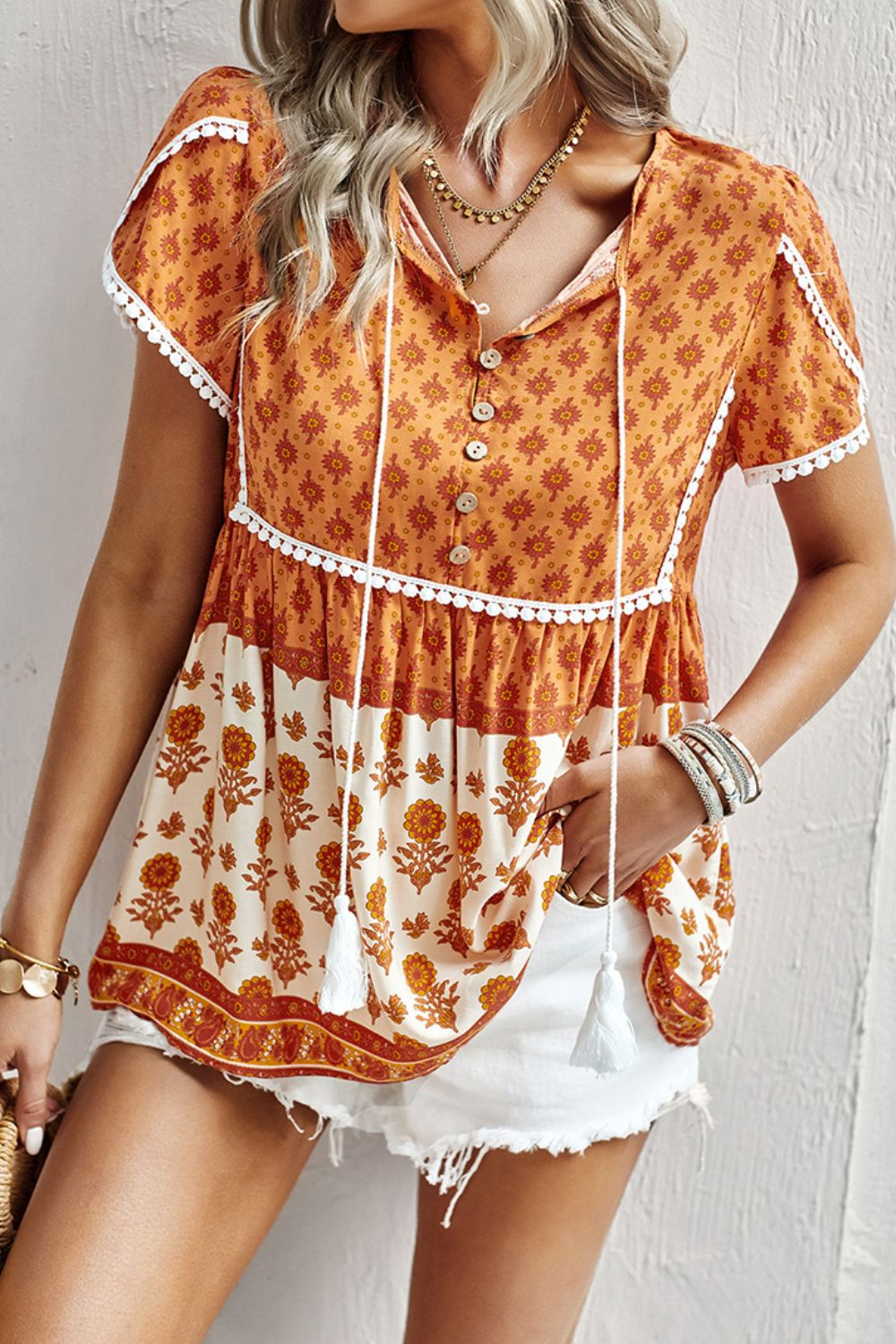 Bohemian Tie Neck Buttoned Blouse [Spirit and Rebel]   