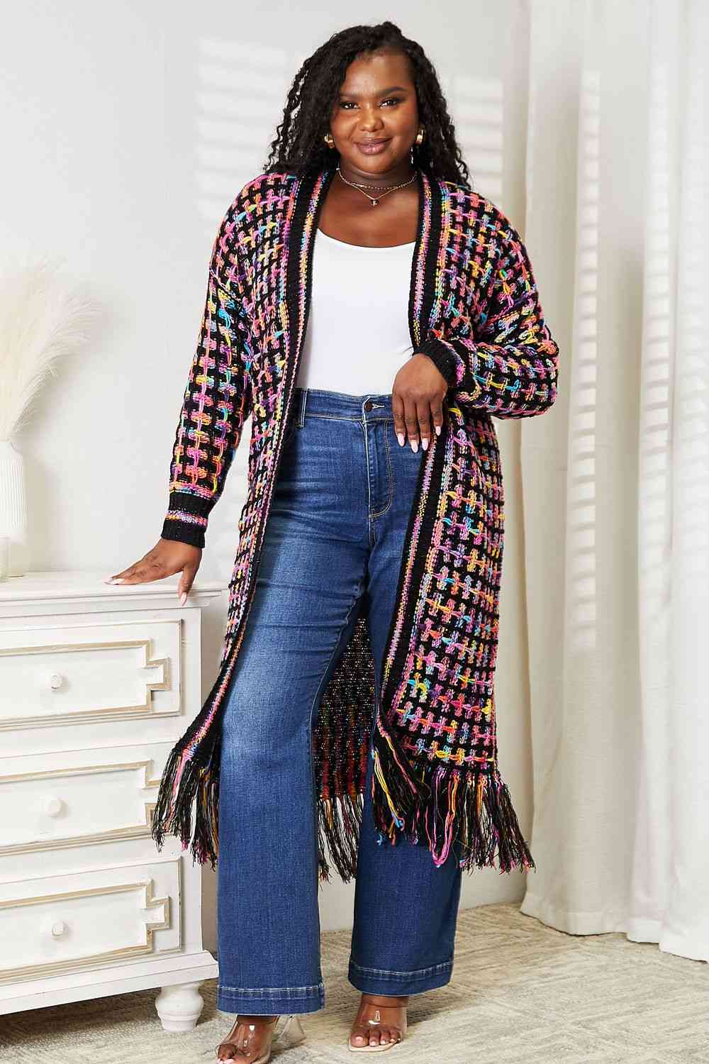 Double Take Full Size Multicolored Open Front Fringe Hem Cardigan [Spirit and Rebel]   