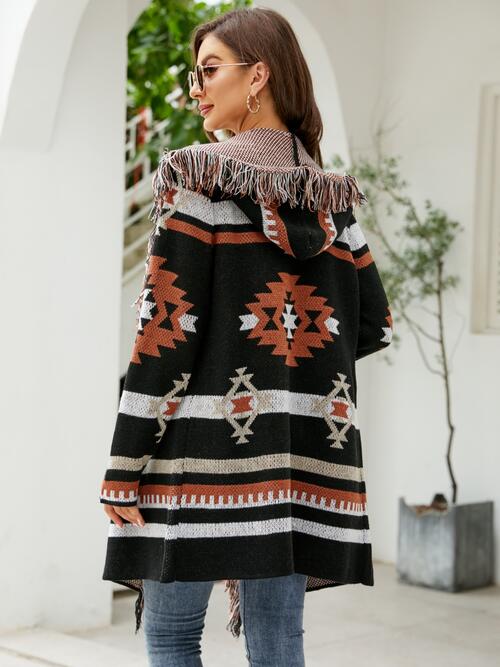 Boho Chic  Fringe Geometric Hooded Long Sleeve Cardigan [Spirit and Rebel]   