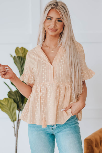 Embroidered Tassel Flounce Sleeve Babydoll Boho Blouse [Spirit and Rebel] Light Apricot S 