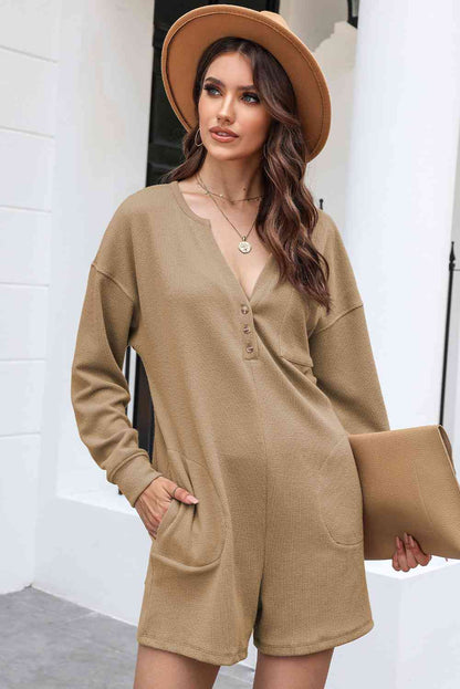 Notched Neck Long Sleeve Romper [Spirit and Rebel] Tan S 