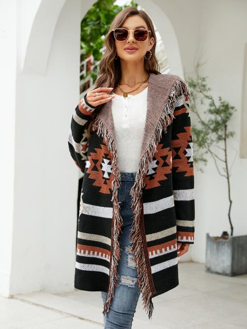 Boho Chic  Fringe Geometric Hooded Long Sleeve Cardigan [Spirit and Rebel] Black S 