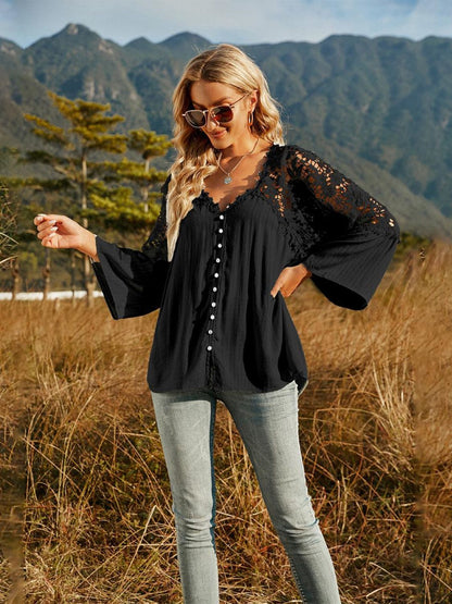 Spliced Lace Buttoned Blouse [Spirit and Rebel]   